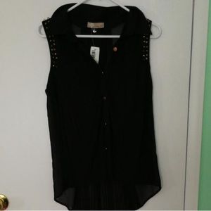 Black Sleeveless Gold Studded Button Down